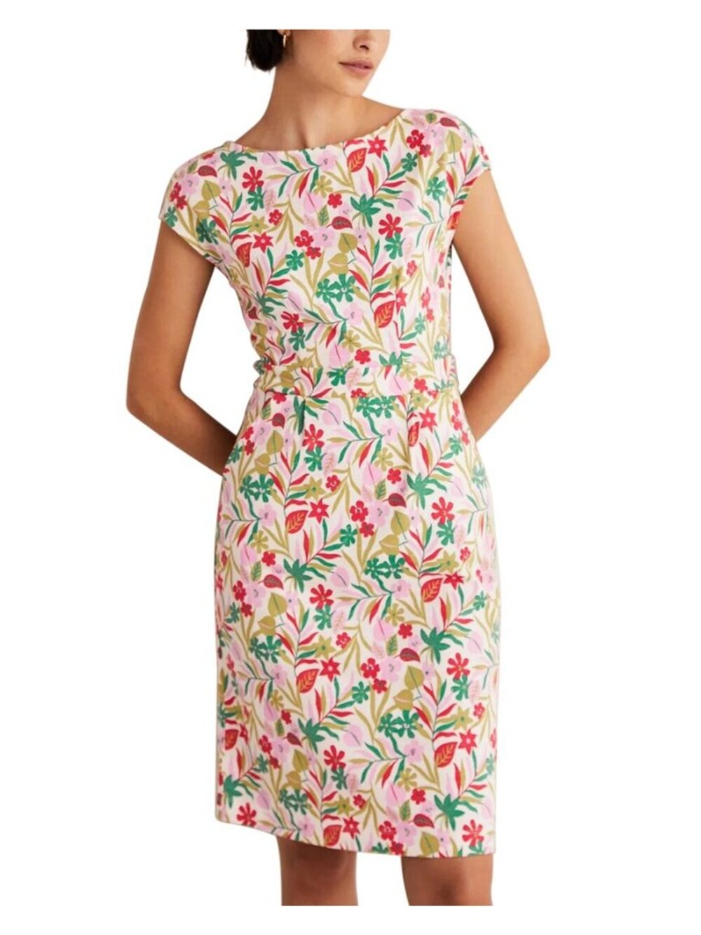 Boden Florrie Dress Floral Cotton Jersey Sheath Size 12 Cap Sleeve Pockets